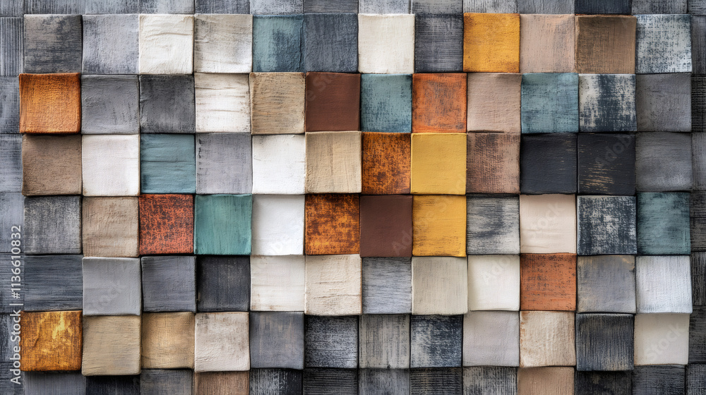 Poster Wooden cubes painted in various colors create a visually appealing wall panel, adding a touch of rustic charm