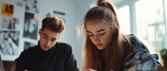 Obraz premium Two business workers in modern office culture, highlights efficiency and cooperative work in a professional environment, ideal for marketing business services or tech solutions.