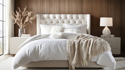 luxurious bedroom with white upholstered bed and neutral decor
