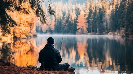 A man sitting by a calm lake, fishing rod in hand, surrounded by trees 