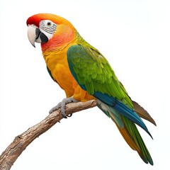 Fototapeta premium A vibrant macaw perches gracefully on a branch, showcasing its striking colors of red, yellow, and green feathers.