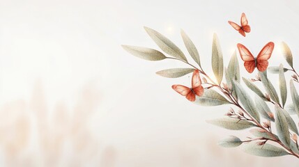 valentine watercolor flowers charming concept, A serene composition featuring delicate leaves and soft-colored butterflies against a light background, evoking tranquility and nature's beauty.