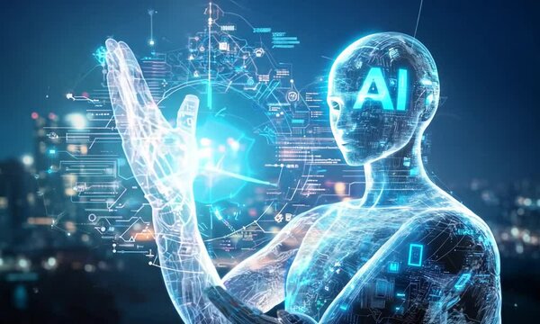 A futuristic skyline glowing in aqua blue, with faintly visible "AI" letters etched into the holographic cityscape