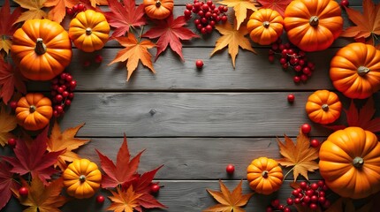 Autumn background with orange pumpkins, red and yellow maple leaves, and berries; arranged on a rustic wooden surface. copy space