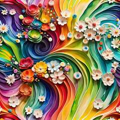 Vivid abstract floral waves with colorful flowers swirling in vibrant patterns, dynamic energy and intricate details
