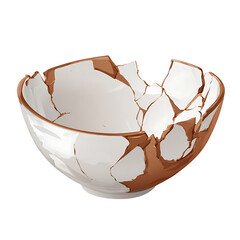 White and brown abstract broken porcelain bowl, isolated on a transparent background.