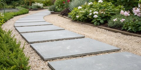 Obraz premium A winding stone path leads through a garden with a soft focus of flowers and greenery in the background.