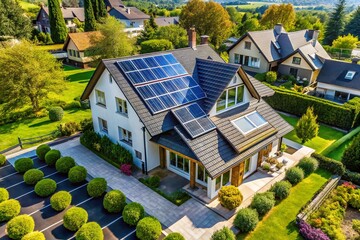 Residential Solar Panel Installation: Aerial View of Modern Rooftop Solar System - Clean Energy Home