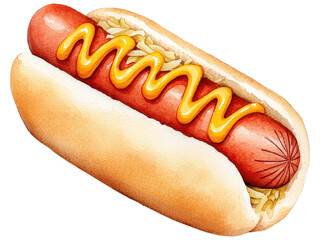 Delicious Watercolor Illustration of a Hot Dog with Mustard and Fresh Ingredients