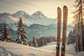 Retro Ski Resort Poster with Vintage Skis in a Majestic Winter Landscape Surrounded by Snow-Covered Mountains for a Nostalgic Outdoor Adventure Theme
