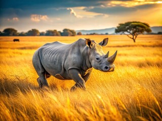 Obraz premium Rhino Running Savanna Grassland: Wildlife Photography, African Safari, Endangered Animal, Big Five, Wild Rhino, Grassland Habitat, Nature Photography, Animal Photography, Wildlife Photo
