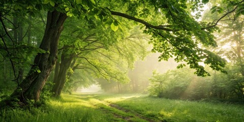 Naklejka premium Sunbeams filtering through a canopy of green leaves, illuminating a path leading into a misty forest.