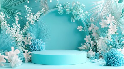 A smooth turquoise podium takes center stage, enveloped by delicate white flowers, soft blue accents, and tropical palms, creating a calming and modern nature-inspired setting.