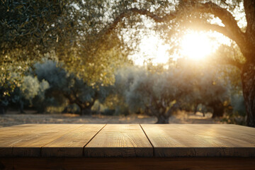 A serene outdoor scene featuring a wooden table with olive trees and sunlight in the background.