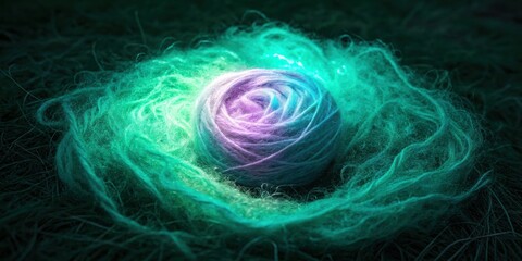 A ball of soft, purple yarn nestled in a bed of vibrant teal yarn, illuminated by an ethereal glow.