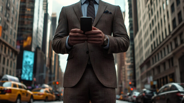 Businessman dressed in a suit and tie, using a smartphone while navigating the bustling streets of times square in new york city