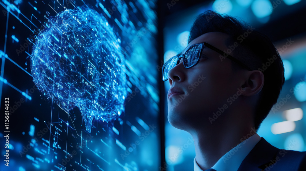 Poster Businessman with glasses examining a digital brain interface on a futuristic screen, delving into the possibilities of artificial intelligence