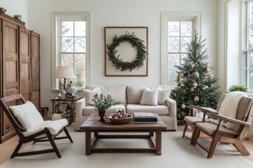 Fototapeta premium Minimalist living room with Christmas tree and natural wreath decor