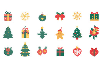 Colorful Christmas Icons Featuring Trees, Gifts, and Decorations