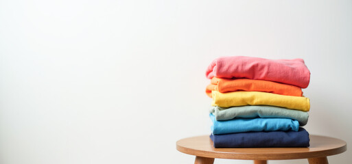 a stack of colored clothes on a white background