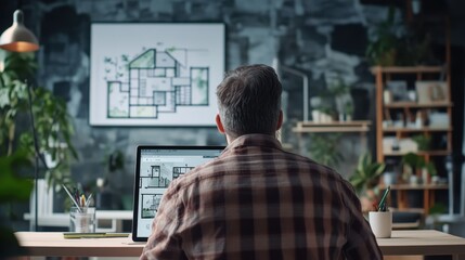 Architect Analyzing Building Plans in Home Office