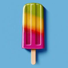 A colorful popsicle with vibrant layers of pink, yellow, and green, set against a bright blue background.