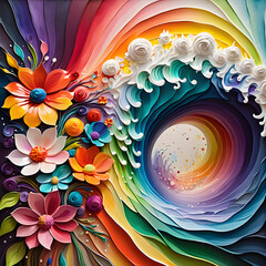 Vivid abstract floral waves with colorful flowers swirling in vibrant patterns, dynamic energy and intricate details