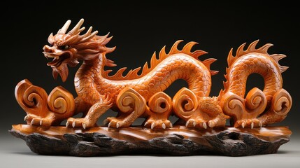 Fototapeta premium A beautifully carved wooden dragon sculpture showcasing intricate details and craftsmanship.
