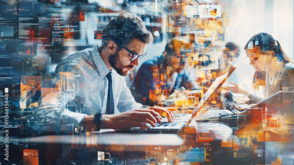 Poster abstract computer code and city images overlaid on software developers working on laptops in a moder