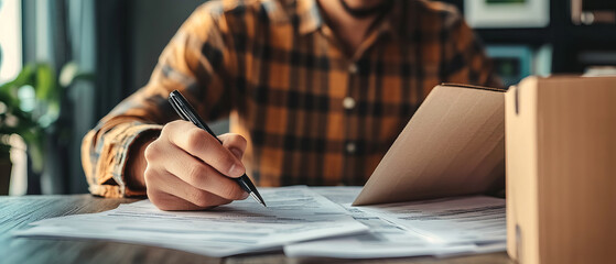 Filling out customs declaration forms with focus and concentration