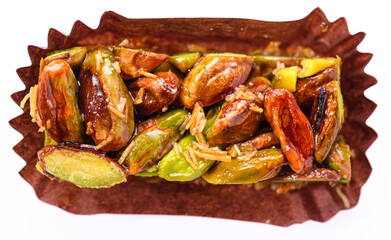 Sweet food Turkish delight, traditional food, crunchy pistachio bar, granola