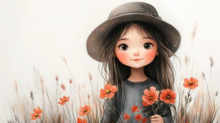 Cute girl in hat holding flowers.