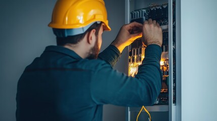 Electrical Technician Repairing Electrical Panel in Commercial Building