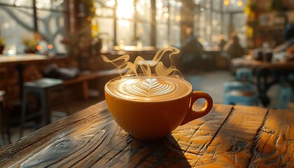 cup of coffee with intricate latte art on top. The background should be a cozy coffee shop with warm lighting, wooden tables, and people engaged in quiet conversations.