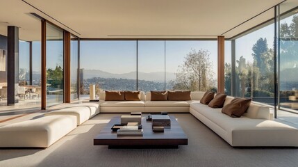 Modern living room with panoramic view, large windows, sectional sofa, and low coffee table.