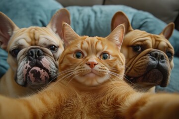 A ginger cat takes a selfie with two French bulldogs