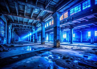Sapphire Blue Urban Exploration: Abandoned Building, Empty Interior, Blurred Background, Mysterious Atmosphere