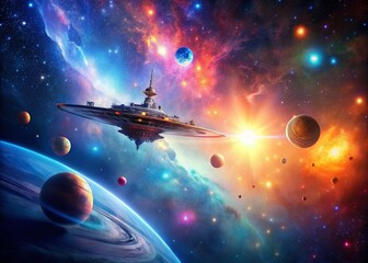 Fototapeta premium Sci-Fi Space Background, Bokeh, Nebula, Stars, Galaxy, Cosmic, Astronaut, Planets, Deep Space, AI Generated Image, Futuristic, Space Exploration