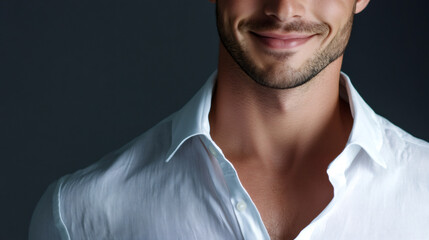Confident and stylish man in unbuttoned white shirt smiling in close-up against a dark backdrop