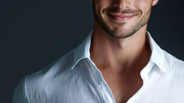 Confident and stylish man in unbuttoned white shirt smiling in close-up against a dark backdrop