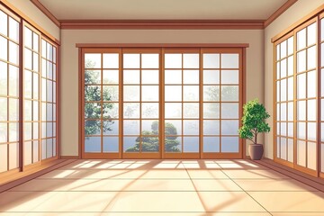 Interior view of a serene Japanese tea room with traditional sliding doors and ample natural light