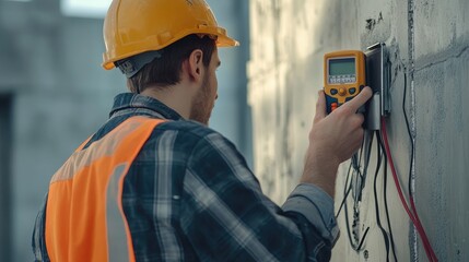 Electrician Inspecting Wall Outlet with Multimeter