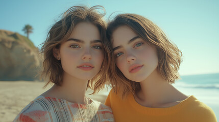 Fototapeta premium Two young women close together at the beach Youthful friendly close connection