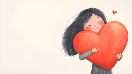 Girl Hugging Large Red Heart Illustration