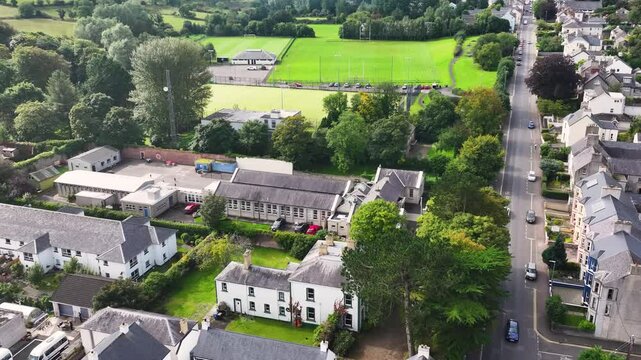 Aerial video of the Ballycastle Integrated Primary School Co Antrim Northern Ireland