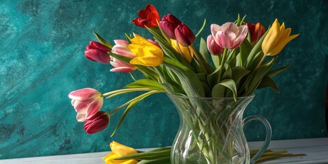 A vibrant bouquet of red, yellow, and pink tulips arranged in a clear glass vase on a rustic wooden table, set against a backdrop of textured teal blue wall.