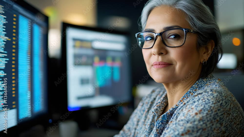 Fototapete senior female software engineer confidently coding on computer screen in a dimly lit evening office
