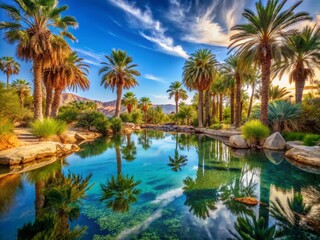 Serene Desert Oasis: Ultra HD Palm Trees, Blue Sky, Pool, Urban Exploration Photography