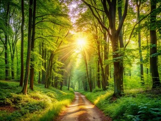 Obraz premium Serene Forest Path: Sunlight Dappled Tranquil Nature Photography