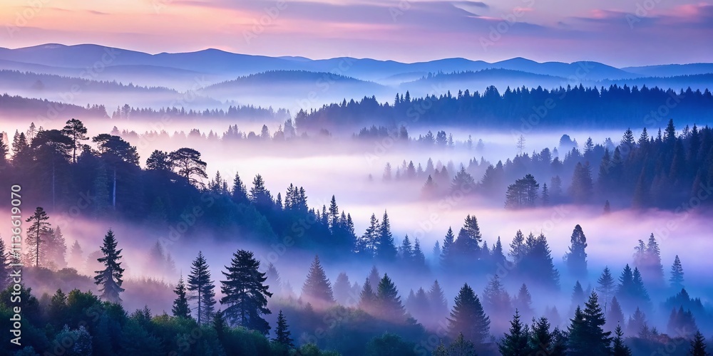 Poster serene layers of pine trees in a misty forest at dawn with rolling hills in the background showcasin